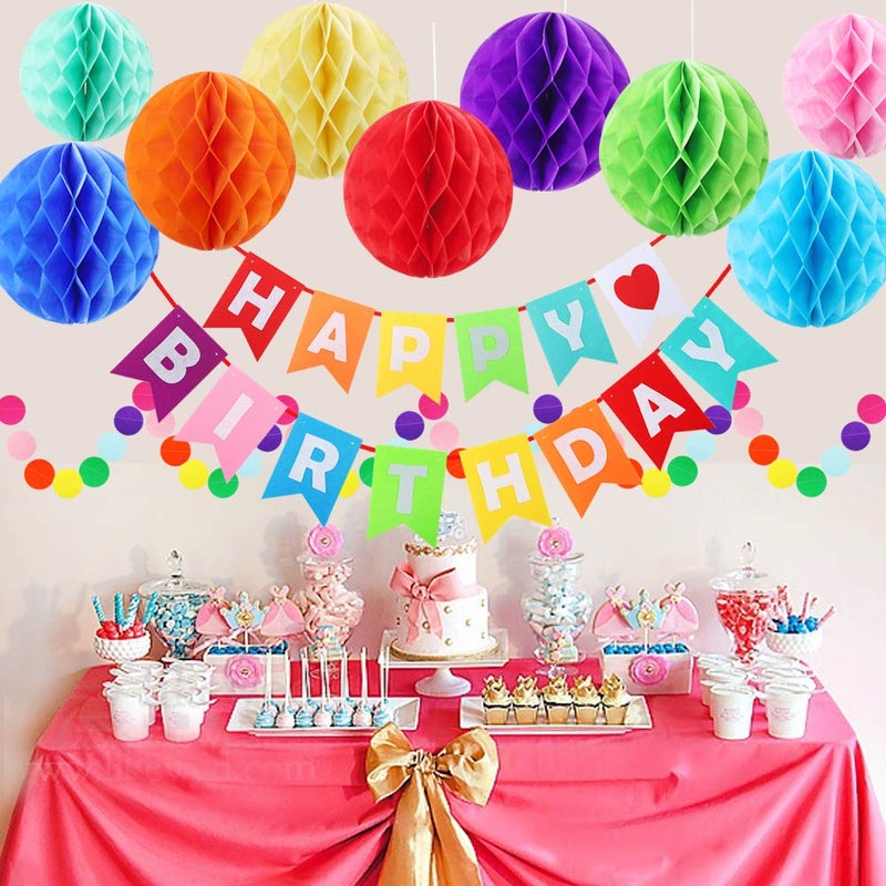 ZJHAI Happy Birthday Banner Decorations, Rainbow Birthday Decorations Set, Paper Flags with 9 Honeycomb Balls and Circle Dots Garland for Door Backdrop Wall Hanging Birthday Party Supplies - Image 5